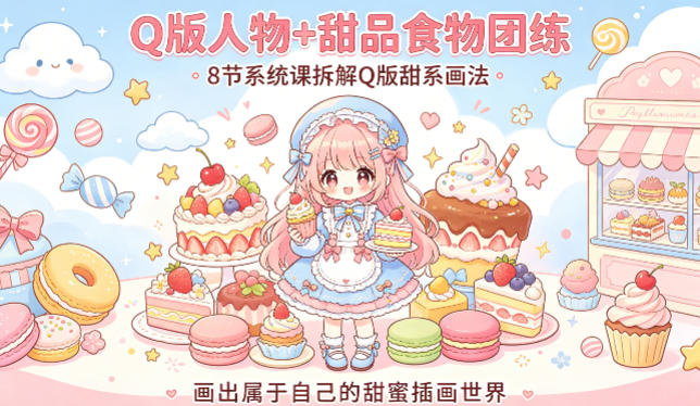 Q版人物+甜品食物团练，8节系统课拆解Q版甜系画法，画出属于自己的甜蜜插画世界-网创项目总站