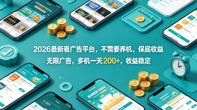 2026最新看广告平台，不需要养机，保底收益，无限广告，多机一天200+，收益稳定【揭秘】-网创项目总站