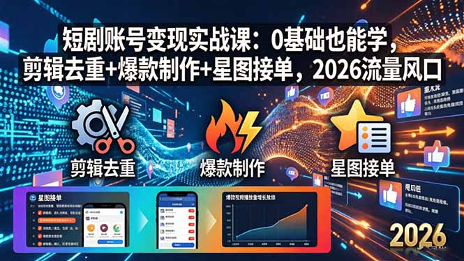 短剧账号变现实战课：0基础也能学，剪辑去重+爆款制作+星图接单，2026流量风口-网创项目总站