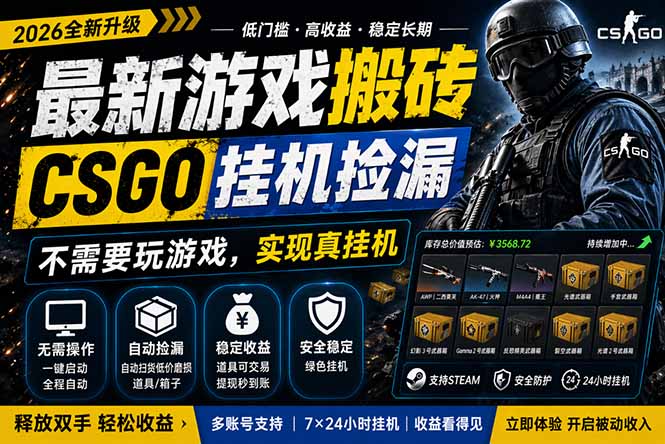 最新游戏搬砖，CSGO纯挂机，不需要玩游戏，实现真挂机，月入1W+，五一小高峰上车可吃肉，…-网创项目总站
