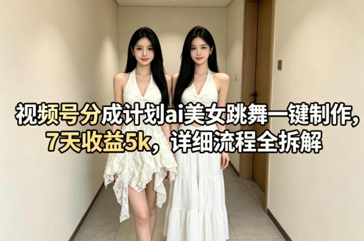 视频号分成计划ai美女跳舞一键制作，7天收益5k，详细流程全拆解-网创项目总站