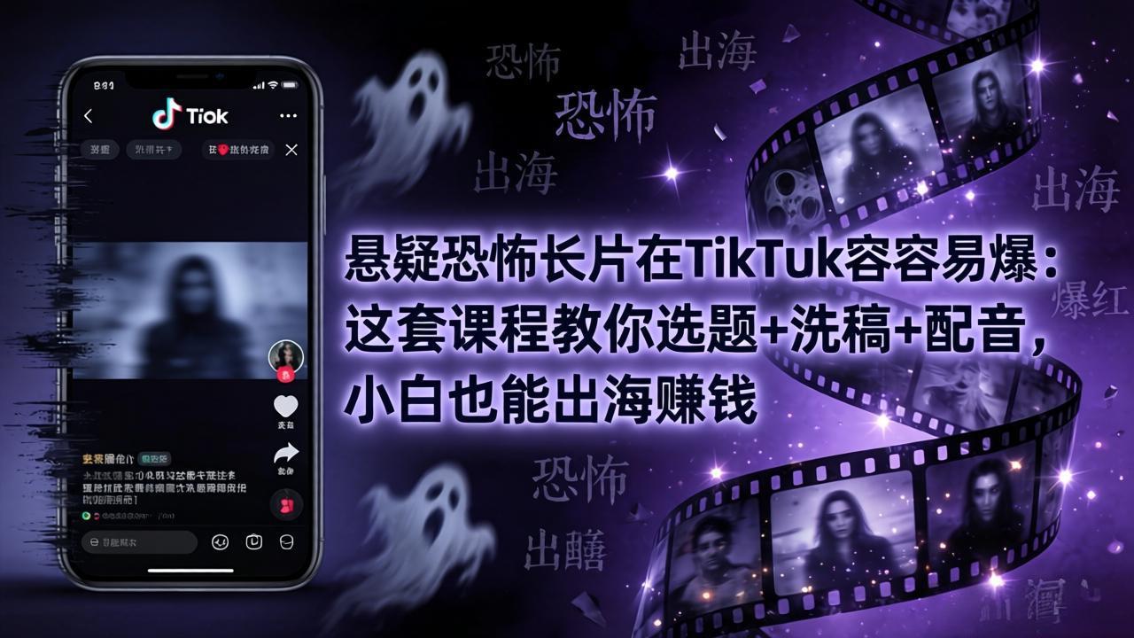 悬疑恐怖长片在TikTok最容易爆：这套课程教你选题+洗稿+配音，小白也能出海赚钱-网创项目总站