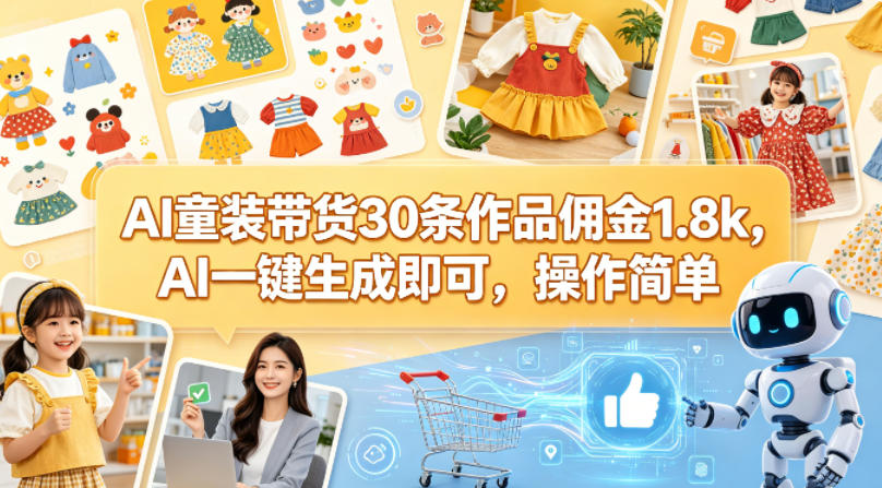 AI童装带货30条作品佣金1.8k，AI一键生成即可，操作简单-网创项目总站