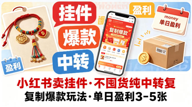 小红书卖挂件，不囤货纯中转复制爆款玩法，单日盈利3-5张-网创项目总站