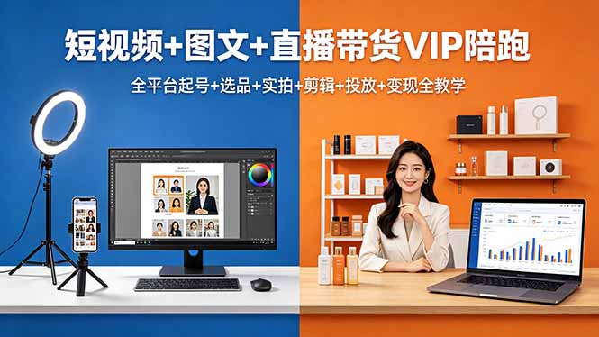 短视频+图文+直播带货VIP陪跑，全平台起号+选品+实拍+剪辑+投放+变现全教学-网创项目总站