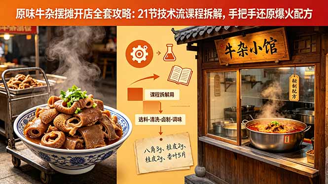原味牛杂摆摊开店全套攻略：21节技术流课程拆解，手把手还原爆火配方-网创项目总站