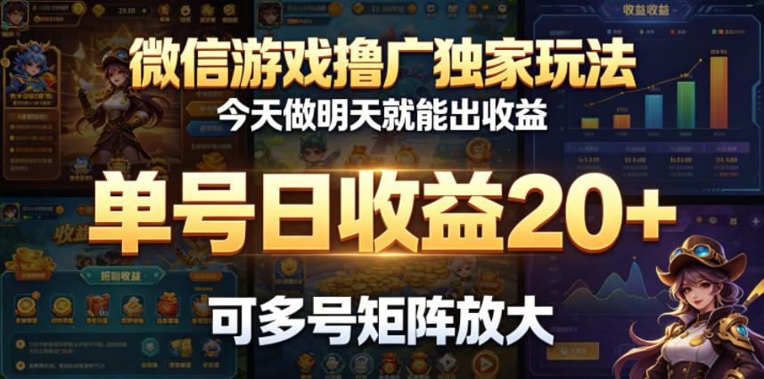 微信游戏撸广独家玩法，今天做明天就能出收益，单号日收益20+，可多号矩阵放大-网创项目总站