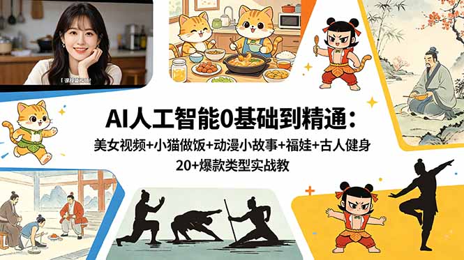 AI人工智能0基础到精通：美女视频+小猫做饭+动漫小故事+福娃+古人健身，20+爆款类型实战教学-网创项目总站