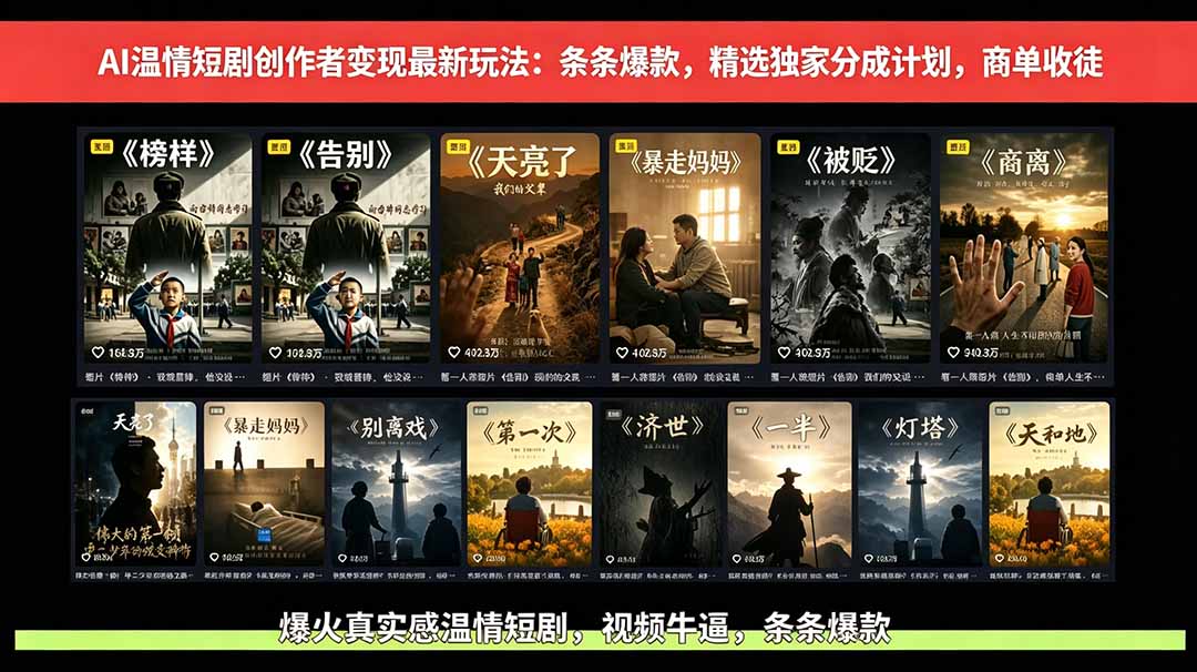 AI温情短剧创作者变现最新玩法：视频牛逼，条条爆款，精选独家分成计划，商单收徒-网创项目总站