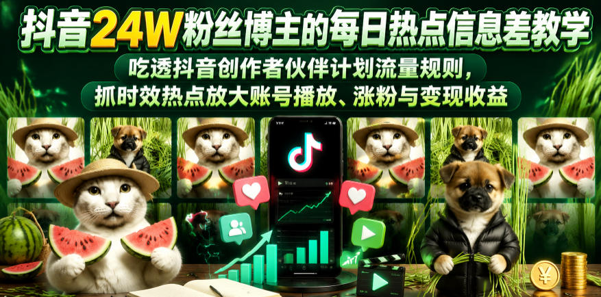 抖音24W粉丝博主的每日热点信息差教学，吃透创作者伙伴计划流量规则，抓时效热点放大账号播放、涨粉与变现收益-网创项目总站