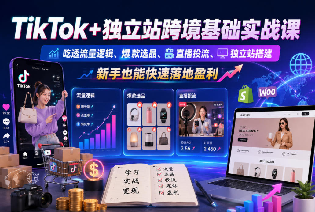 TikTok+独立站跨境基础实战课，吃透流量逻辑、爆款选品、直播投流与独立站搭建，新手也能快速落地盈利-网创项目总站