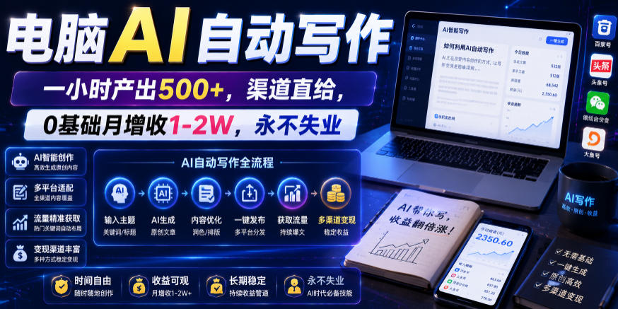 电脑AI自动写作，一小时产出500+，渠道直给，0基础月增收1-2W，永不失业【揭秘】-网创项目总站