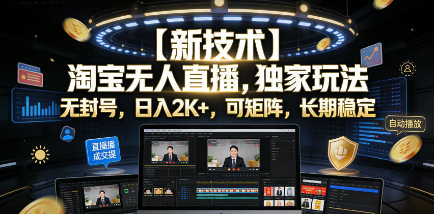 【新技术】淘宝无人直播，独家玩法，无封号，日入2K+，可矩阵，长期稳定【揭秘】-网创项目总站