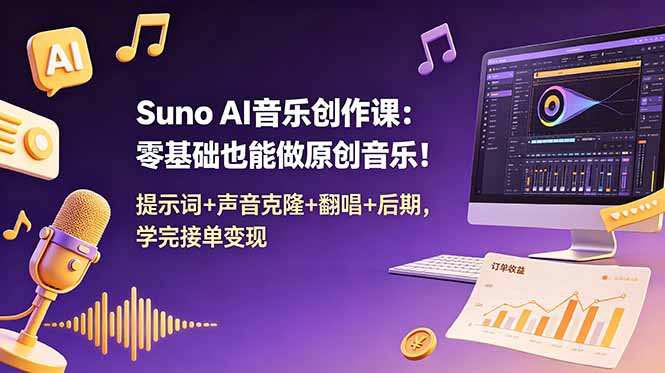 Suno AI音乐创作课：零基础也能做原创音乐！提示词+声音克隆+翻唱+后期，学完接单变现-网创项目总站