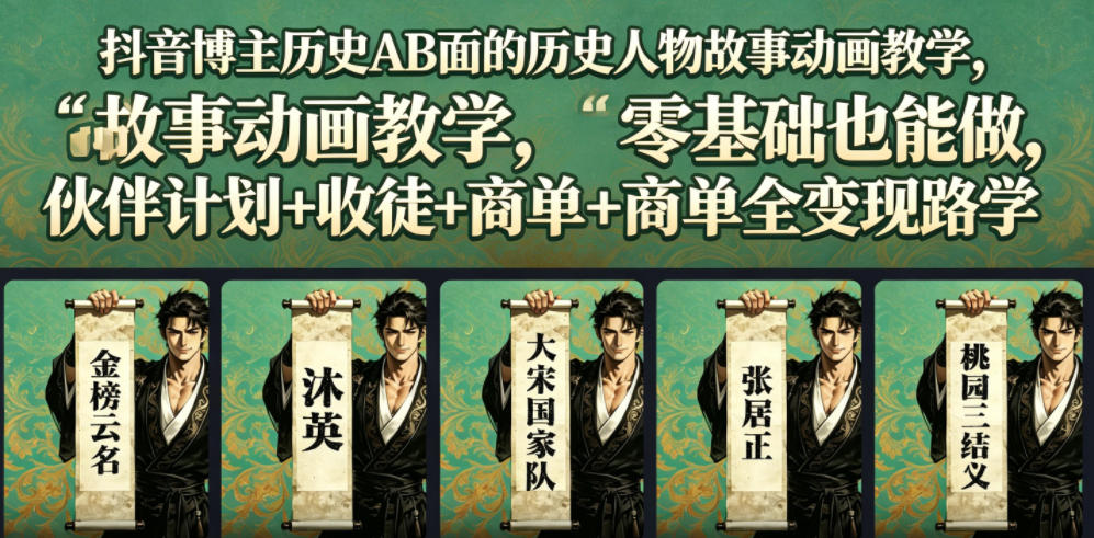 抖音博主历史AB面的历史人物故事动画教学，零基础也能做，伙伴计划+收徒+商单全变现路径教学-网创项目总站