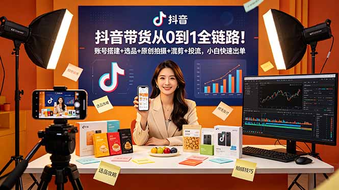 抖音带货从0到1全链路！账号搭建+选品+原创拍摄+混剪+投流，小白快速出单-网创项目总站