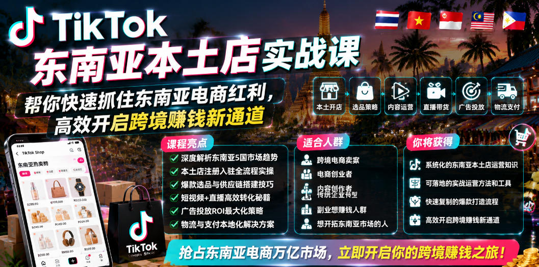 TikTok东南亚本土店实战课，帮你快速抓住东南亚电商红利，高效开启跨境賺钱新通道-网创项目总站