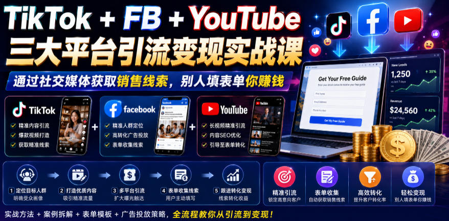 TikTok+FB+YouTube三大平台引流变现实战课，通过社交媒体获取销售线索，别人填表单你賺钱【原创双语字幕】-网创项目总站