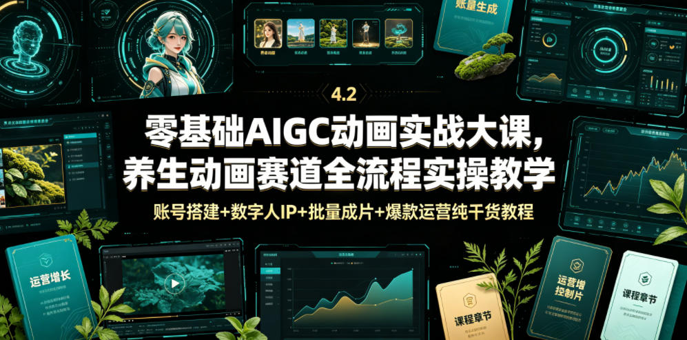 零基础AIGC动画实战大课，养生动画赛道全流程实操教学，账号搭建+数字人IP+批量成片+爆款运营纯干货教程-网创项目总站