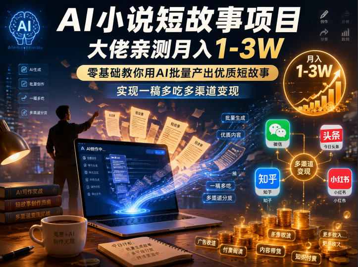 AI小说短故事项目，大佬亲测月入1-3W，零基础教你用AI批量产出优质短故事，实现一稿多吃多渠道变现(更新0624)-网创项目总站