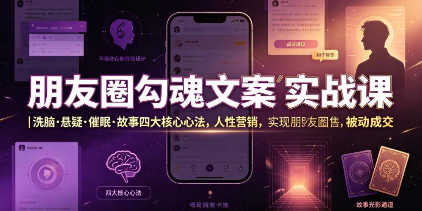 朋友圈勾魂文案实战课｜洗脑·悬疑·催眠·故事四大核心心法，吃透人性营销，实现朋友圈不销而售被动成交-网创项目总站