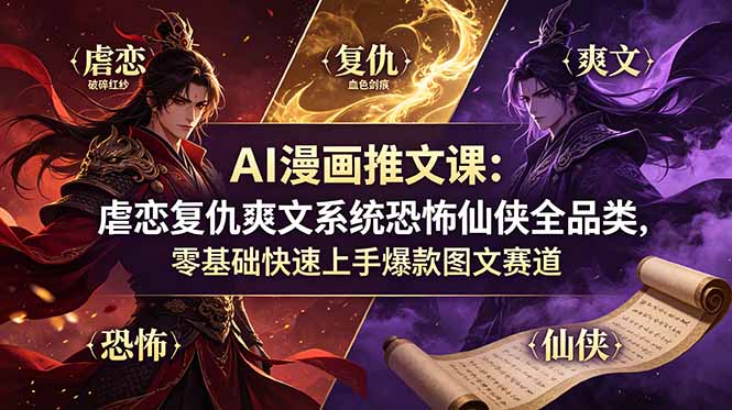 AI漫画推文课：虐恋复仇爽文系统恐怖仙侠全品类，零基础快速上手爆款图文赛道-网创项目总站