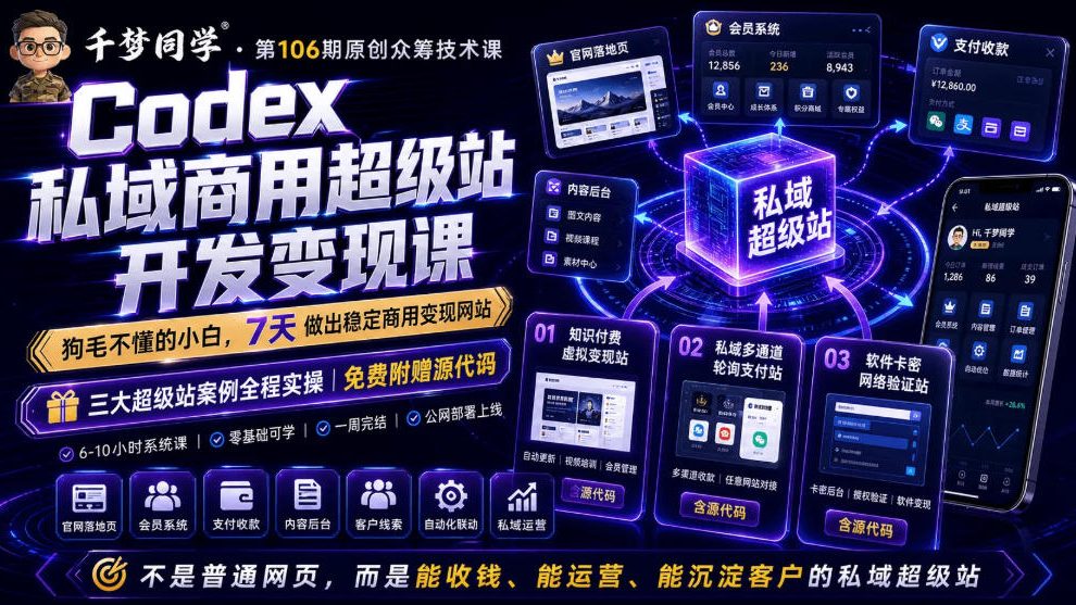 Codex私域商用超级站Ai开发变现课，7天带你从零基础到能自己动手做出能收钱、能运营、能沉淀客户的私域超级站-网创项目总站