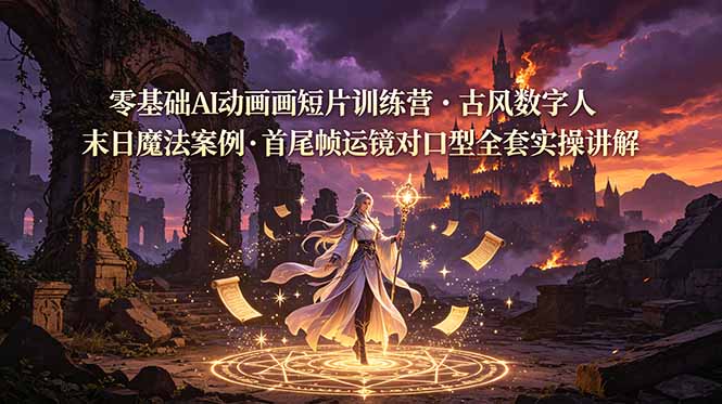 零基础AI动画短片训练营，古风数字人末日魔法案例，首尾帧运镜对口型全套实操讲解-网创项目总站