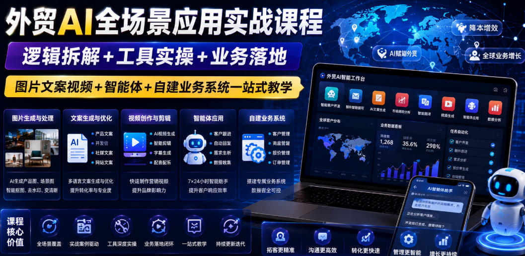 外贸AI全场景应用实战课程｜逻辑拆解+工具实操+业务落地，图片文案视频+智能体+自建业务系统一站式教学-网创项目总站