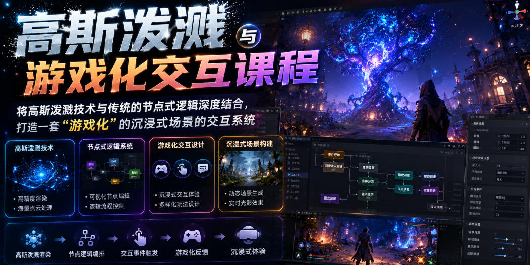 高斯泼溅与游戏化交互课程，将高斯泼溅技术与传统的节点式逻辑深度结合，打造一套“游戏化”的沉浸式场景的交互系统-网创项目总站