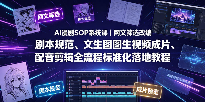 AI漫剧SOP系统课｜网文筛选改编、剧本规范、文生图图生视频成片、配音剪辑全流程标准化落地教程-网创项目总站