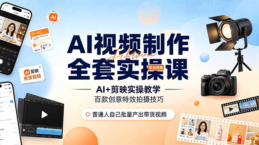 AI视频制作全套实操课，多款AI工具搭配剪映教学，百种特效运镜拍摄实操，抖音账号带货运营全覆盖-网创项目总站