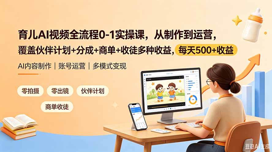 育儿AI视频全流程0-1实操课，从制作到运营，覆盖伙伴计划+分成+商单+收徒多种收益，每天500+收益-网创项目总站
