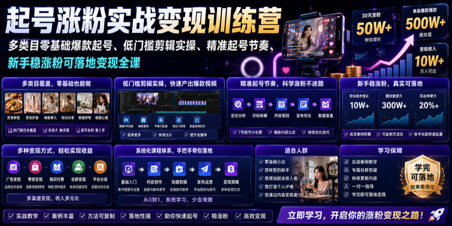 苗子起号涨粉实战变现训练营，多类目零基础爆款起号、精准起号节奏、新手稳涨粉可落地变现全课-网创项目总站