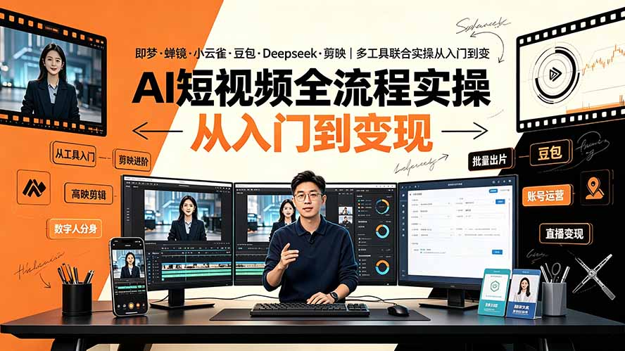 AI短视频全流程实操:即梦·蝉镜·小云雀·豆包·Deepseek·剪映|多工具联合实操从入门到变现-网创项目总站