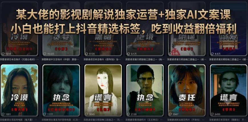 某大佬的影视剧解说独家运营+独家AI文案课，小白0粉丝也能快速打上抖音精选标签、吃到收益翻倍福利-网创项目总站