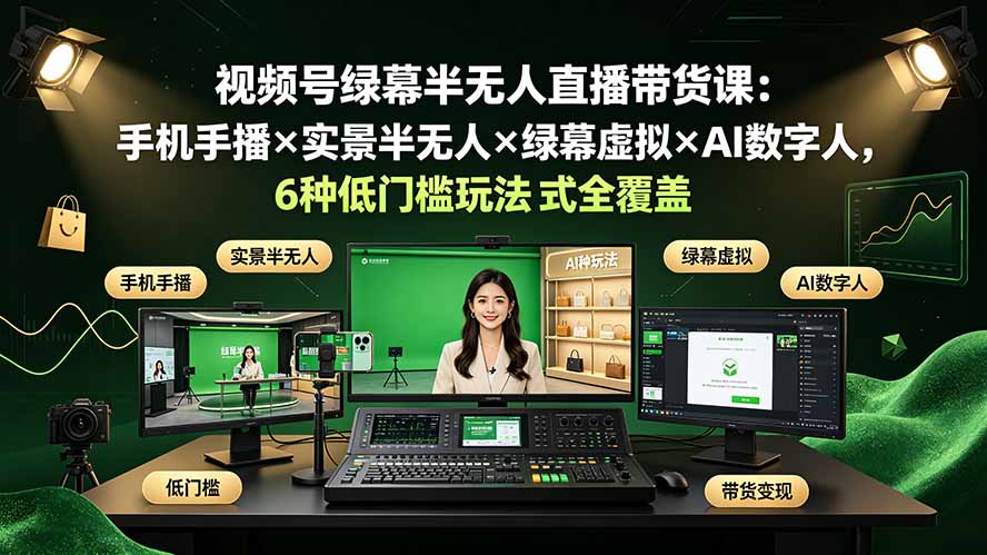 视频号绿幕半无人直播带货课：手机手播×实景半无人×绿幕虚拟×AI数字人，6种低门槛玩法全覆盖-网创项目总站