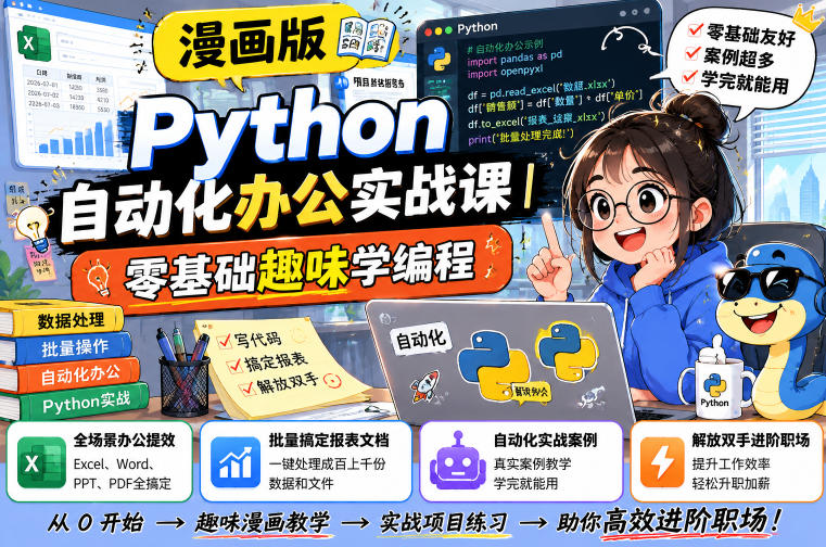 漫画版Python自动化办公实战课|零基础趣味学编程,全场景办公提效、批量搞定报表文档、解放双手进阶职场-网创项目总站