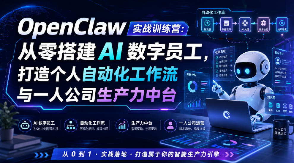 OpenClaw实战训练营:从零搭建AI数字员工,打造个人自动化工作流与一人公司生产力中台-网创项目总站