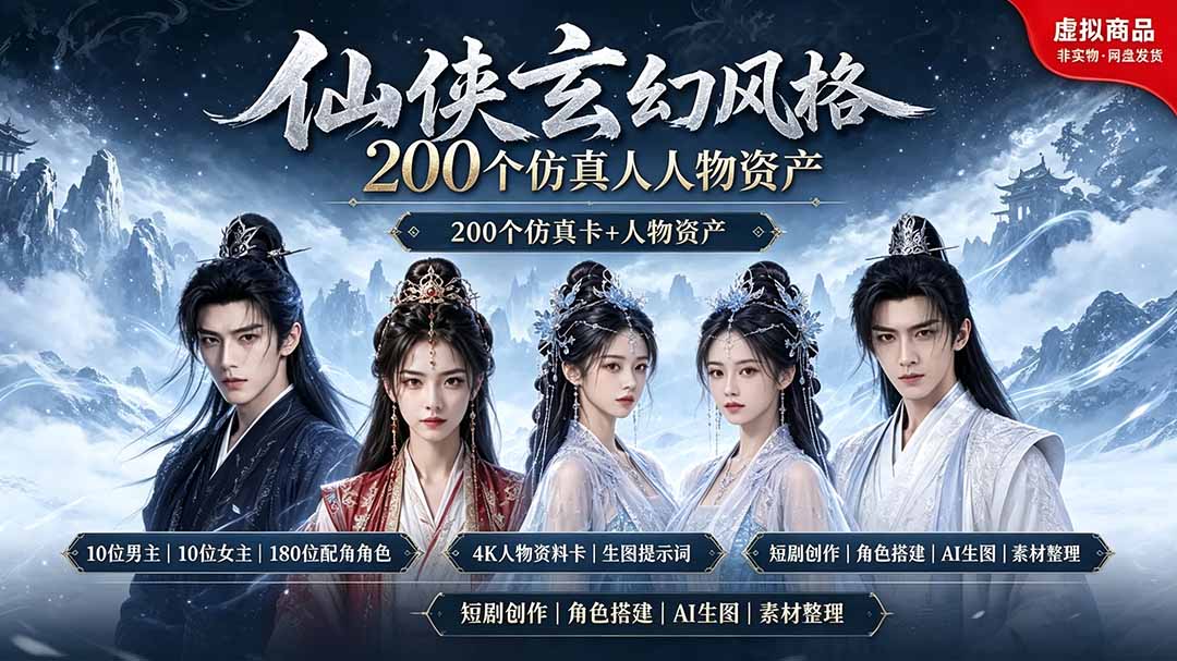 200个仙侠玄幻仿真人素材◆10男主×10女主×180配角,4K资料卡+AI生图提示词,漫剧必备-网创项目总站