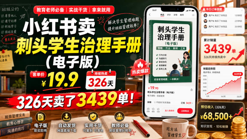 小红书卖刺头学生治理手册(电子版),客单价19.9,326天卖了3439单!-网创项目总站