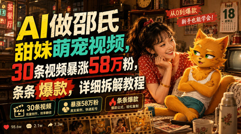 AI做邵氏甜妹萌宠视频,30条视频暴涨58万粉,条条爆款,详细拆解教程-网创项目总站