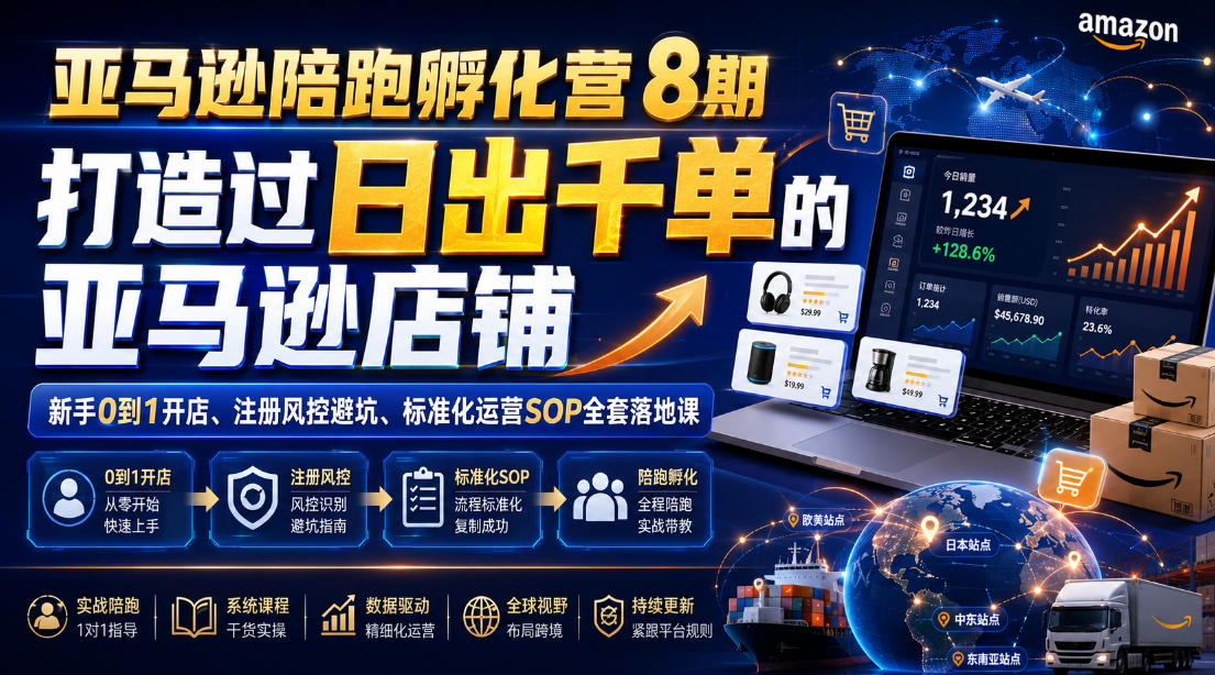 亚马逊陪跑孵化营8期,打造过日出千单的亚马逊店铺,新手0到1开店、注册风控避坑、标准化运营SOP全套落地课-网创项目总站