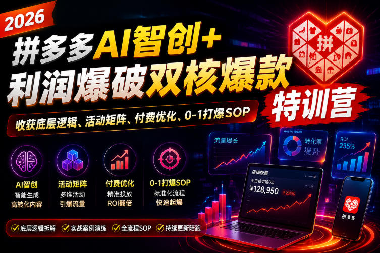2026拼多多AI智创+利润爆破双核爆款特训营,收获底层逻辑、活动矩阵、付费优化、0-1打爆SOP-网创项目总站