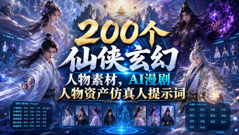 200个仙侠玄幻人物素材,AI漫剧人物资产仿真人提示词-网创项目总站