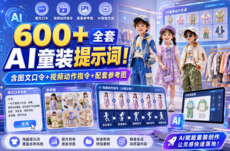 600+全套AI童装提示词!含图文口令+视频动作指令+配套参考图,Word-Excel规整分类,童装电商、种草无脑量产内容!-网创项目总站