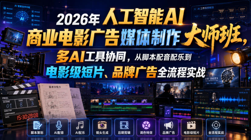2026年人工智能AI商业电影广告媒体制作大师班,多AI工具协同,从脚本配音配乐到电影级短片、品牌广告全流程实战(中英字幕)-网创项目总站