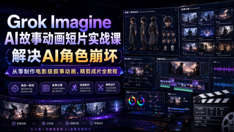 Grok Imagine AI故事动画短片实战课|解决AI角色崩坏,从零制作电影级叙事动画、精剪成片全教程(中英字幕)-网创项目总站