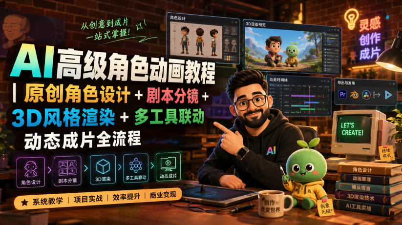 AI高级角色动画教程|原创角色设计+剧本分镜+3D风格渲染+多工具联动动态成片全流程【中英字幕】-网创项目总站