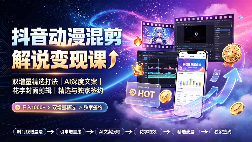抖音动漫混剪解说变现课:双增量精选打法|AI深度文案|花字封面剪辑| 精选与独家签约日入1000+-网创项目总站